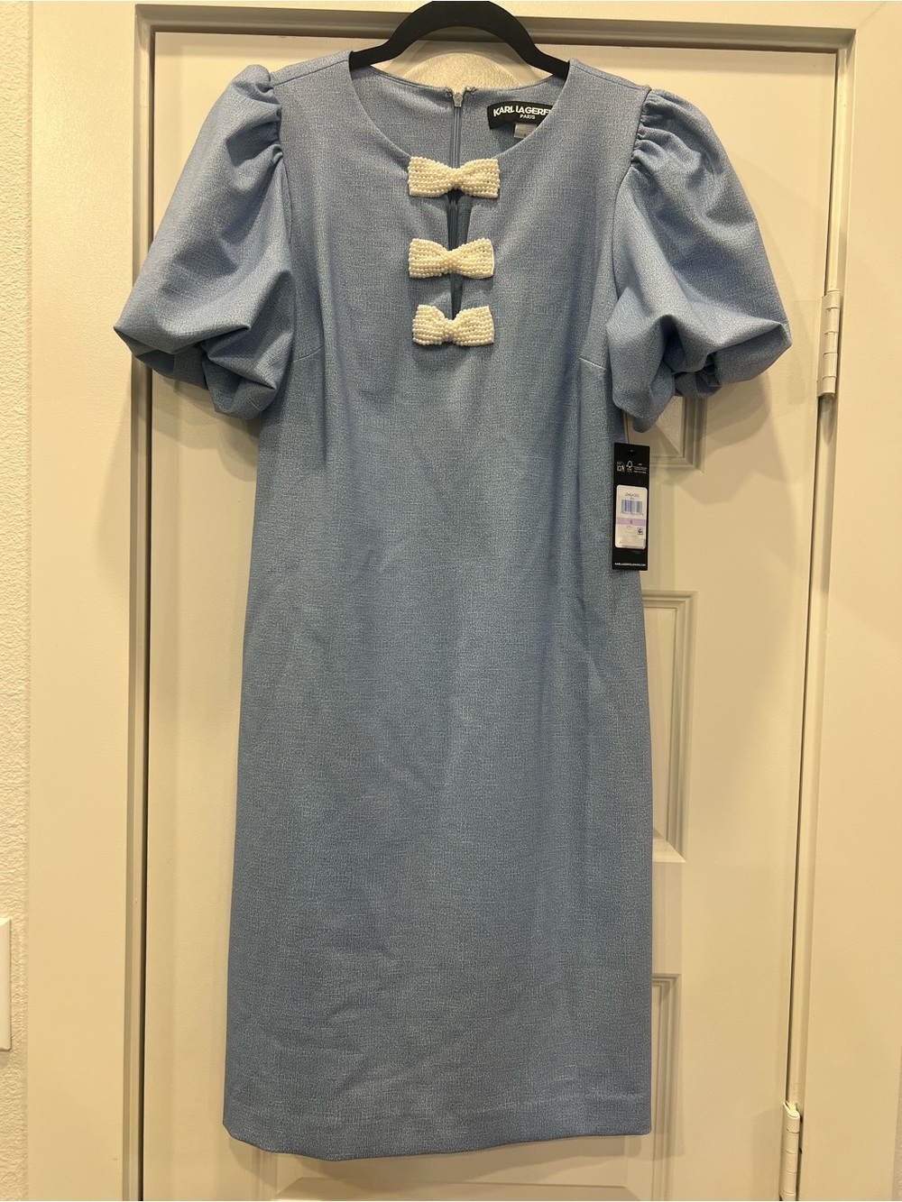 Karl Lagerfeld Powder Blue Puff-Sleeve Dress with Cream Bow Accents